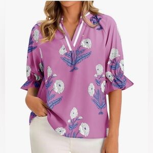 Purple Floral Puff Sleeve Boho Blouse Flowy Summer Top XL